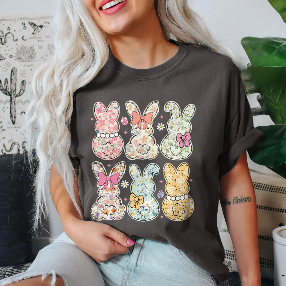 T-shirt Flower Bunny Women Printed Round Neck Short Sleeve