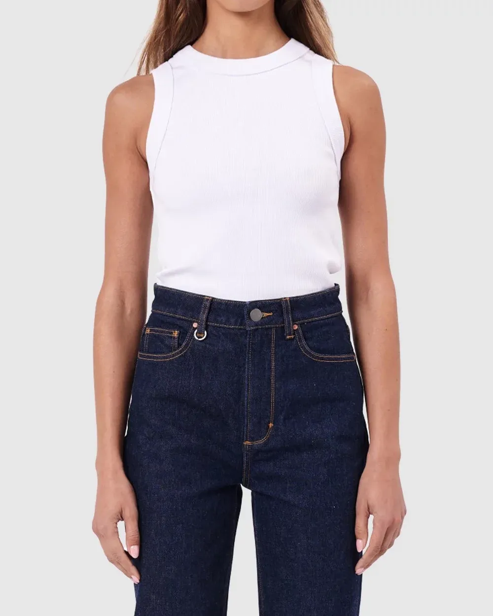 Plain white round neck striped vest