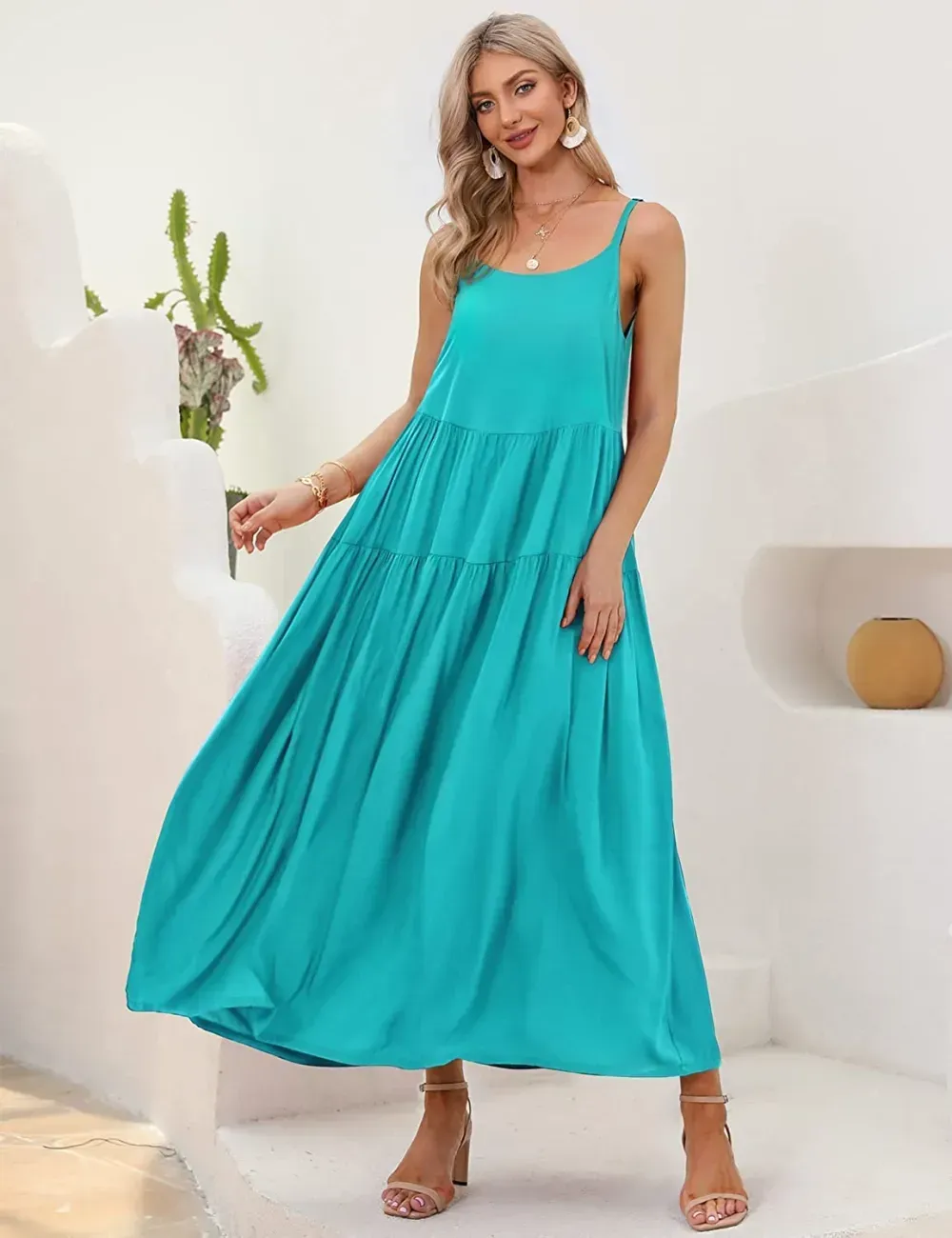 Summer Dresses for Women Casual Loose Bohemian Floral Dress with Pockets Spaghetti Strap Maxi Dress E75
