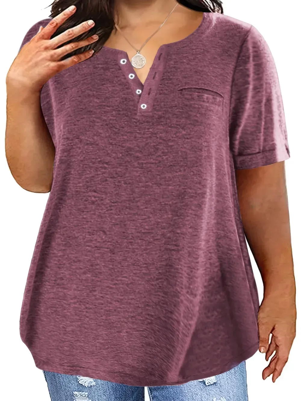 Plus Size Button Front Short Sleeve T-shirt, Women's Plus Slight Stretch Casual Tee
