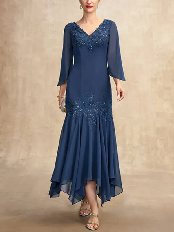 V-neck Ankle-Length Chiffon Mother of the Bride Dress With Appliques Lace Sequins