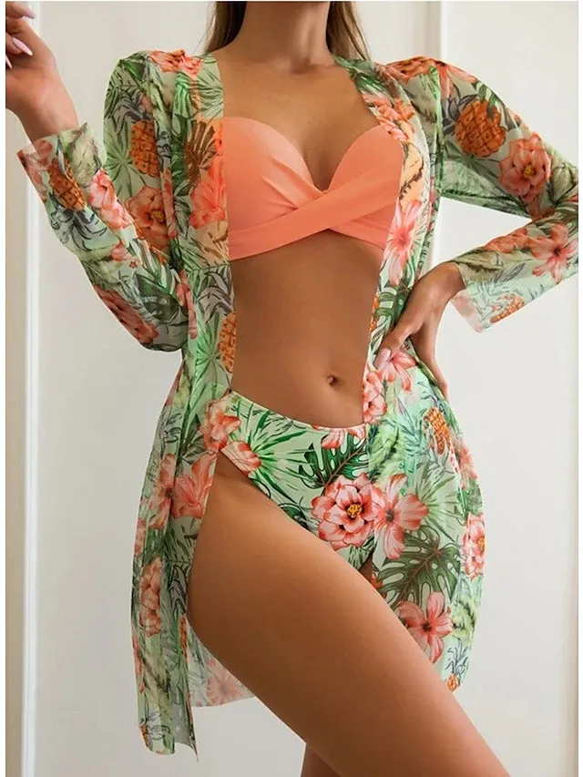 Women's Swimwear Bikini Three Piece Normal Swimsuit 2 Piece Open Back Sexy Printing Leaves Pink Blue Orange Green V Wire Bathing Suits New Vacation Fashion