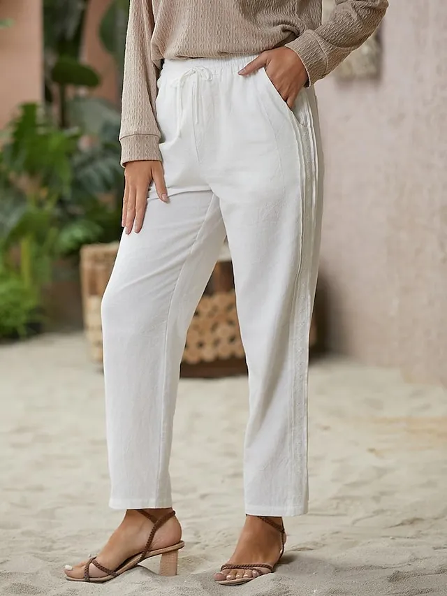 Women's Linen Pants Pants Trousers Baggy Faux Linen Plain Side Pockets Baggy Ankle-Length Fashion Casual Daily Black White S M