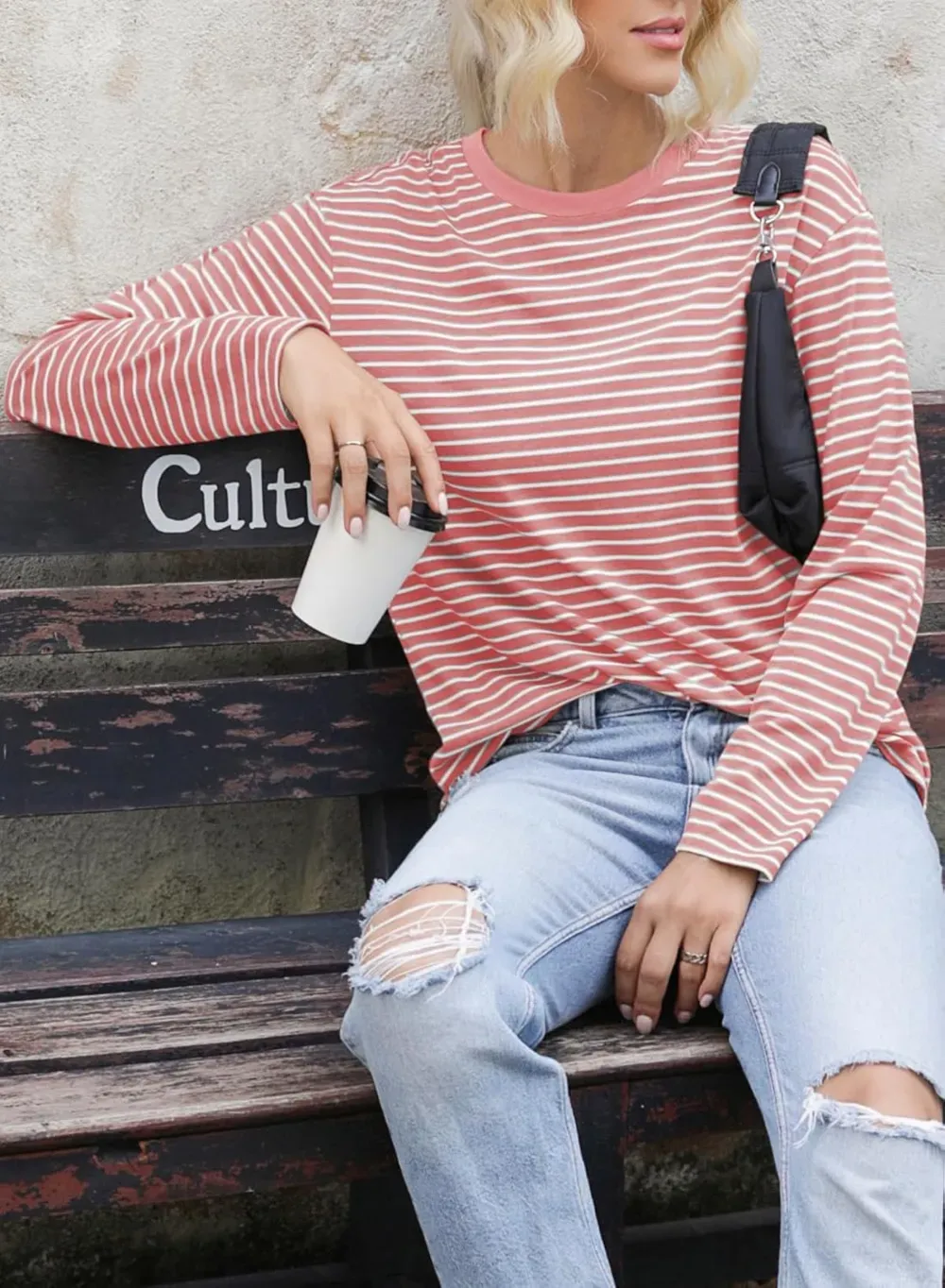 Dokotoo Women's Casual Striped Long Sleeve Tops Crew Neck Knit Ribbed Basic T Shirts