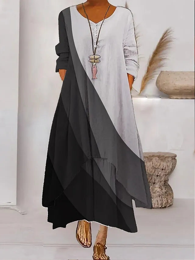 Women's Color Block Long Maxi Dress Button Layered Casual Dress Swing Dress Print Dress Fashion Modern Daily Vacation Weekend 3/4 Length Sleeve Crew Neck Dress Loose Fit Silver Black White