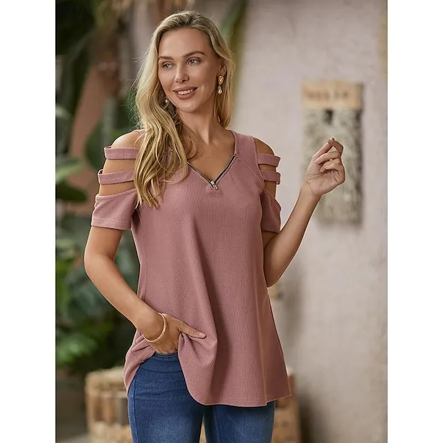 Blouse Women's Pink Plaid Zipper Cut Out Street Going out Basic V Neck S