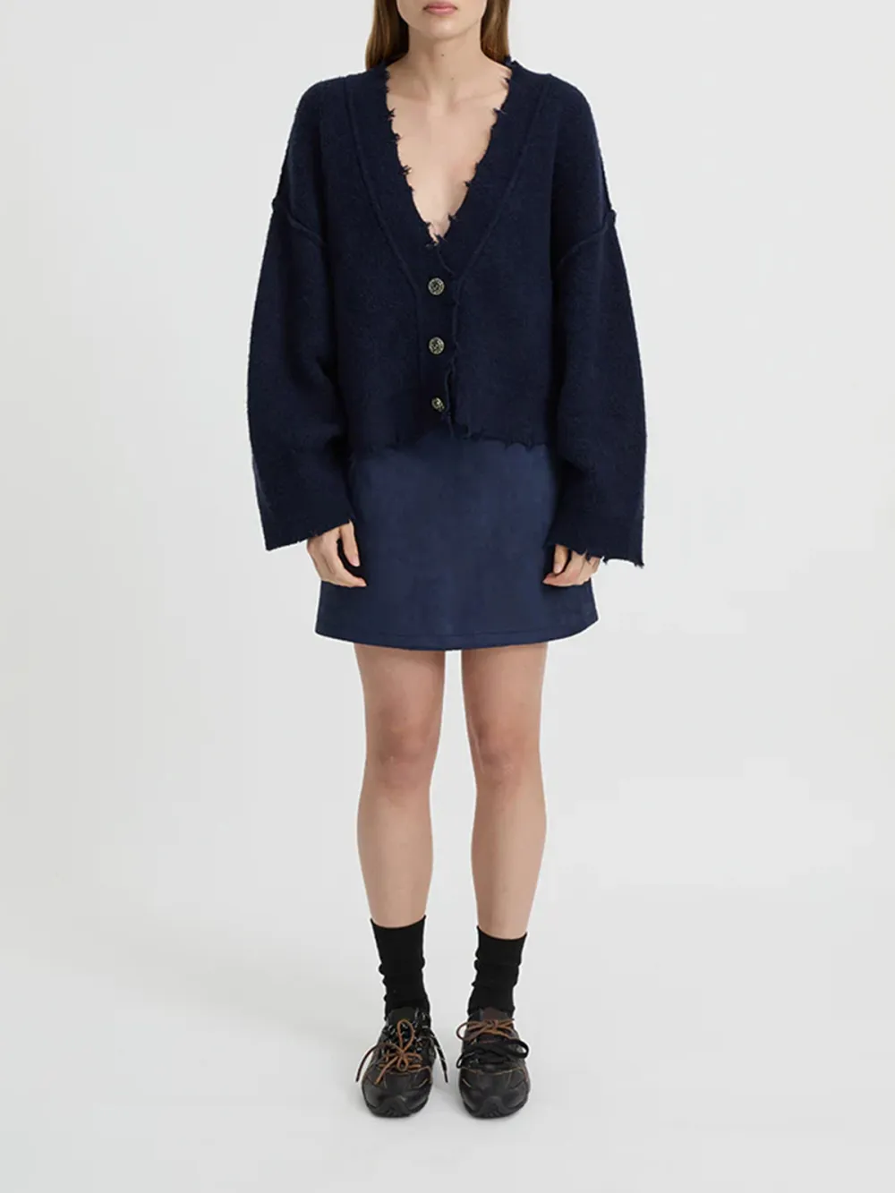 Casual Style V-neck Cardigan Navy