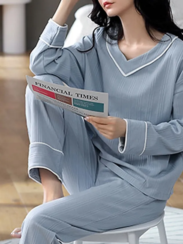 Women's Pajamas Nighty Pjs Sets 2 Pieces Pure Color Fashion Simple Comfort Home Daily Bed Cotton Breathable Gift V Wire Long Sleeve Pant Elastic Waist Basic Spring Fall Black Light Green