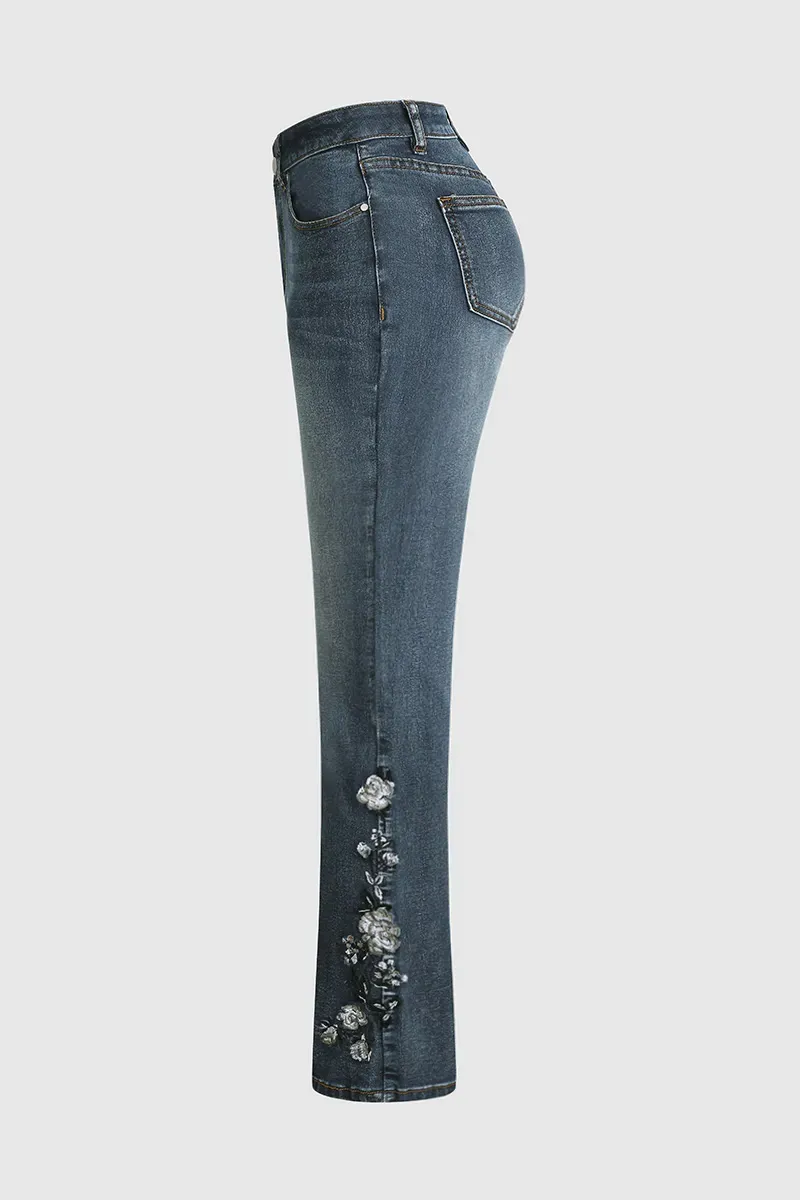 Floral Embroidery Mid Waist Bootcut Jeans