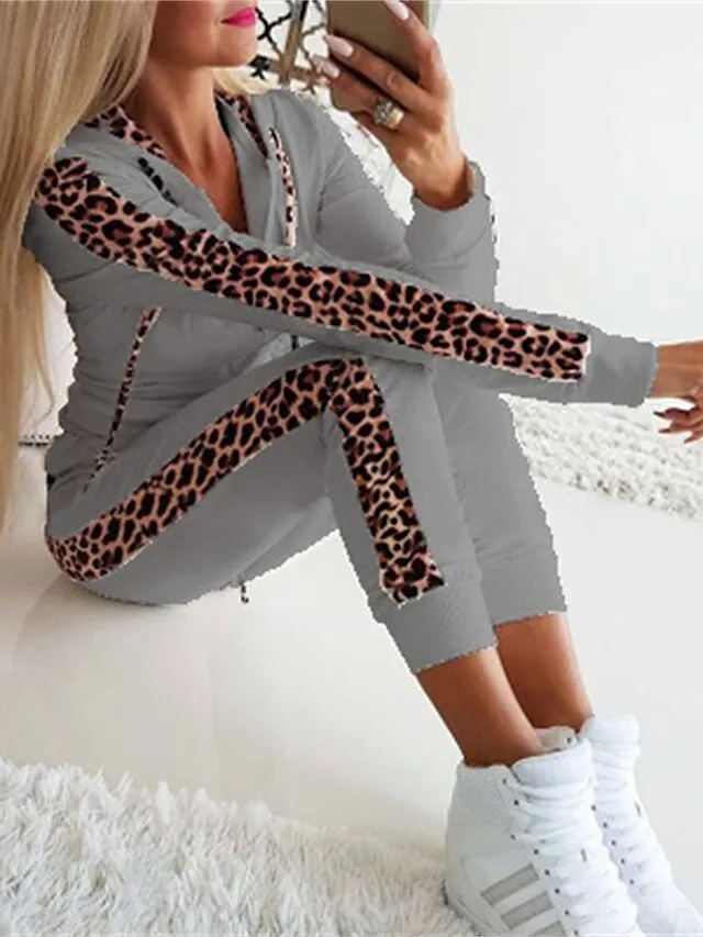 Women's Loungewear Sets Leopard Sport Casual Comfort Home Street Daily Polyester Breathable Hoodie Long Sleeve Hoodie Pant Spring Fall Black White