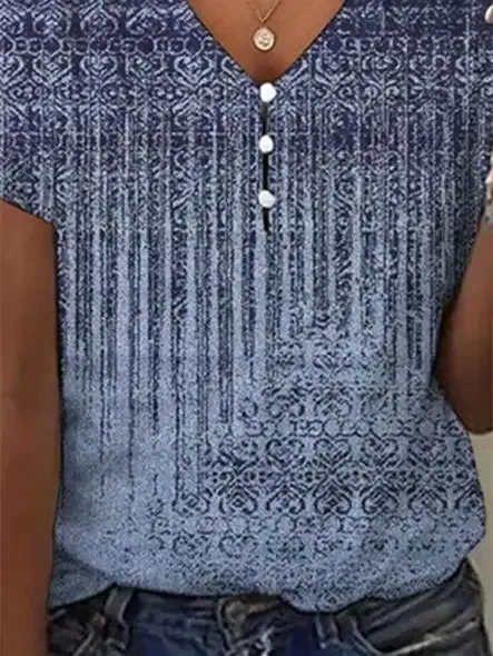 Women's Graphic Printed Hollow Short Sleeve V-neck Top