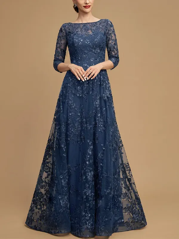 Round Neck Lace Long Sleeve Solid Color Maxi Dress