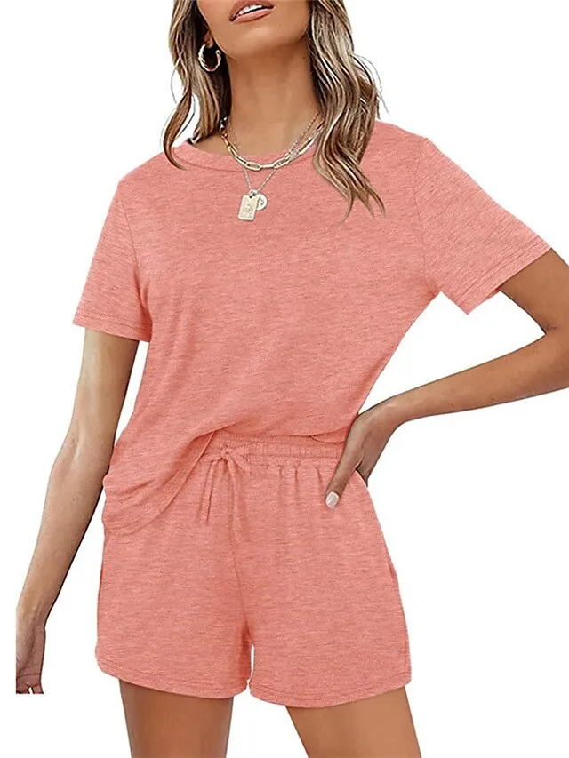 Women's Loungewear Sets Nighty 2 Pieces Pure Color Simple Comfort Home Street Cotton Crew Neck Short Sleeve T shirt Tee Shorts Spring Summer Green Blue