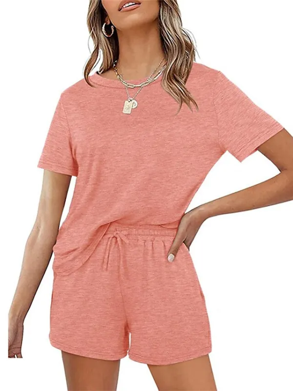 Women's Loungewear Sets Nighty 2 Pieces Pure Color Simple Comfort Home Street Cotton Crew Neck Short Sleeve T shirt Tee Shorts Spring Summer Green Blue