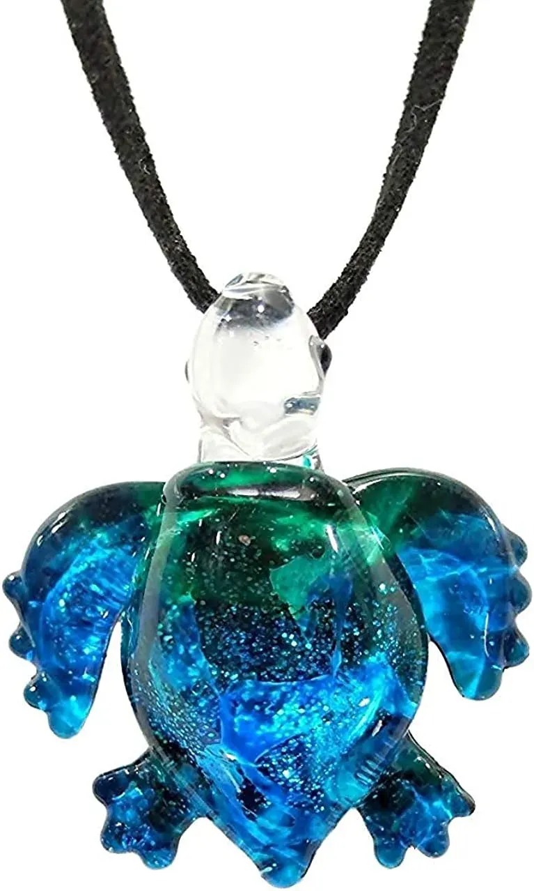 Handmade Ocean Blue Sea Turtle Art Glass Blown Sea Animal Figurine Pendant Necklace Jewelry