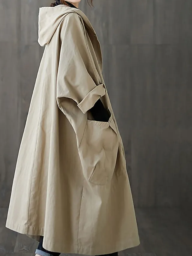 Women's Trench Coat Daily Fall Long Coat V Neck Regular Fit Warm Casual Jacket Long Sleeve Solid Color Quilted Black Khaki