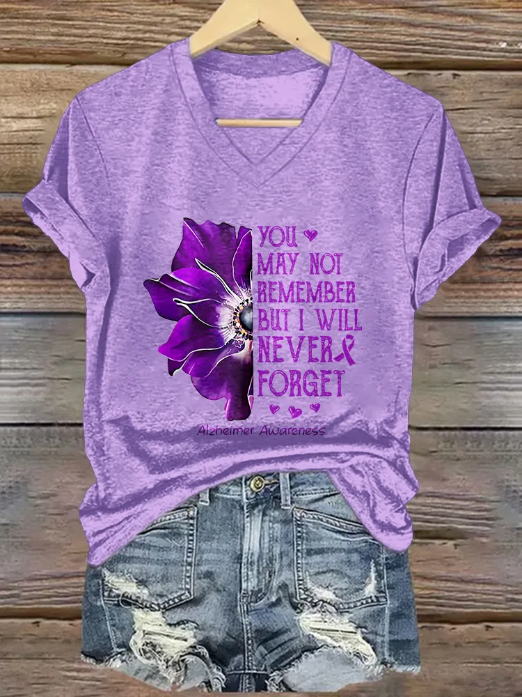 Women'S You May Not Remember But I Will Never Forget Alzheimer'S Awareness V-Neck T-Shirt
