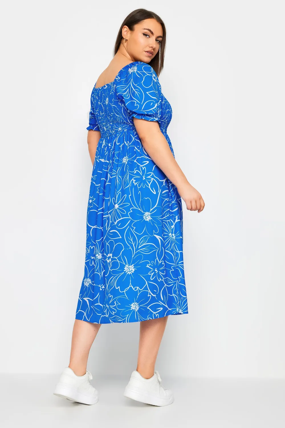 YOURS Curve Blue Floral Print Shirred Midaxi Dress