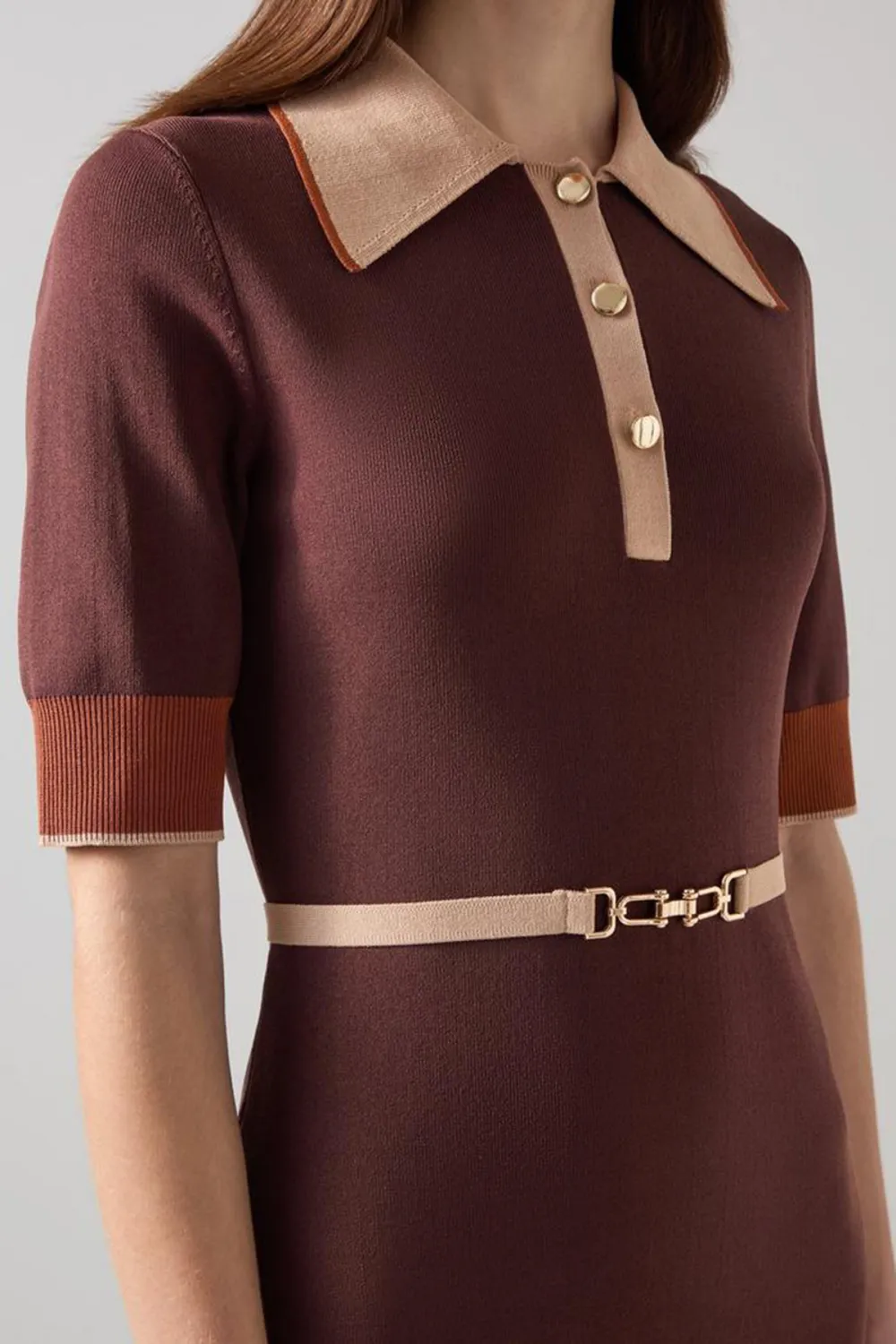 Brown Contrast Collar Short Sleeve Midi Dress