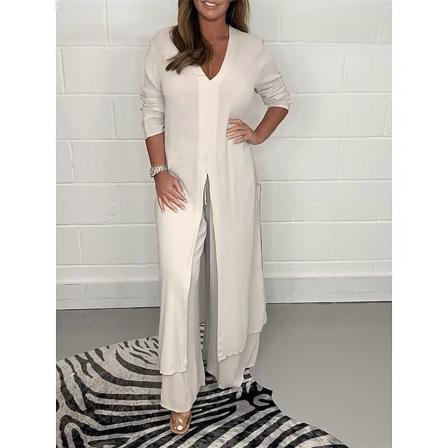 Women's Pajamas Pajama Top and Pant Sets 2 Pieces Pure Color Fashion Casual Soft Home Daily Bed Polyester Breathable V Wire Long Sleeve T shirt Tee Pant Summer Spring Black White