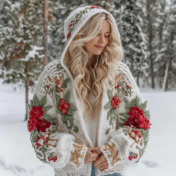 Women's Christmas Flower Celtic Knot Jacquard Button Chunky Hooded Sweater