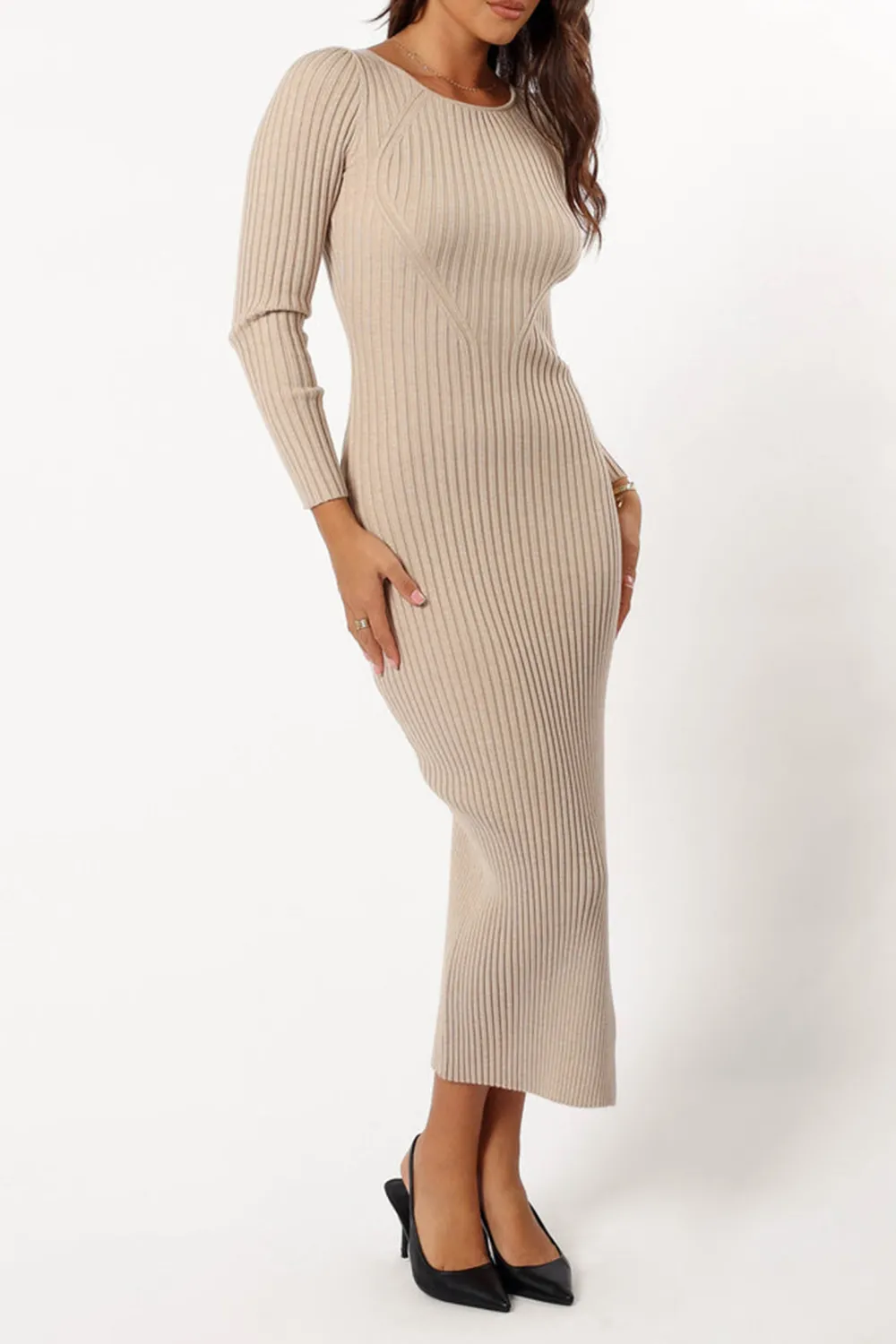 SOLID COLOR STRIPES TEXTURE LONG SLEEVE MIDI DRESS