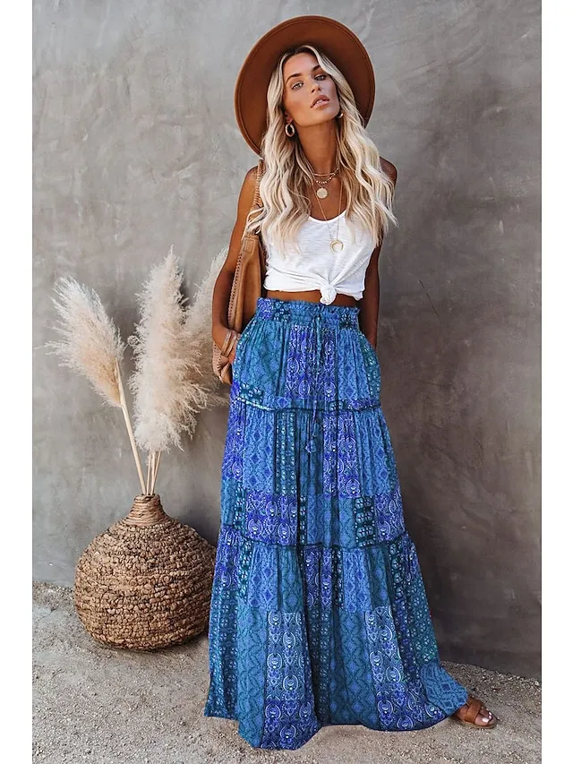 Women's Skirt Swing Long Skirt Maxi Red Blue Purple Orange Skirts Spring & Fall Ruffle Print Fashion coastal grandma style Boho Holiday Casual Daily S M L