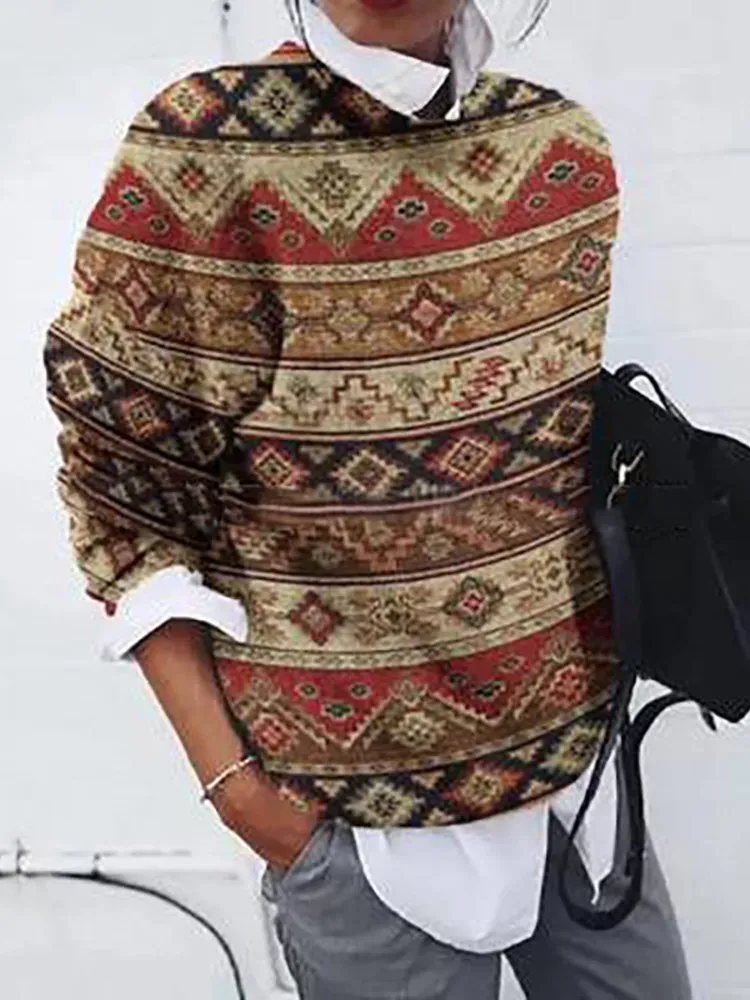 Ethnic Geometric Jacquard Shirt Collar Knit Fake Two Sweater