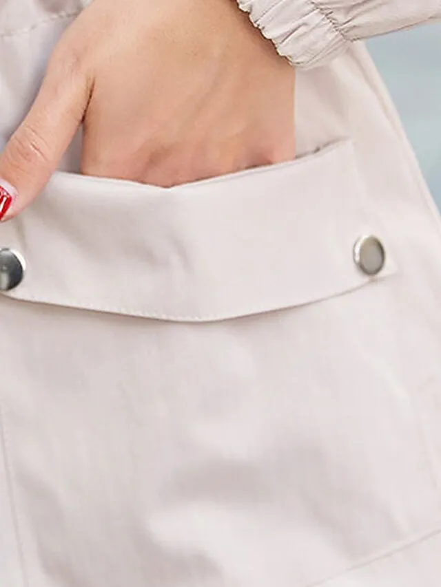 Women's Trench Coat Fall Outdoor Zipper Plain Breathable Streetwear Regular Fit Outerwear Long Sleeve Black M