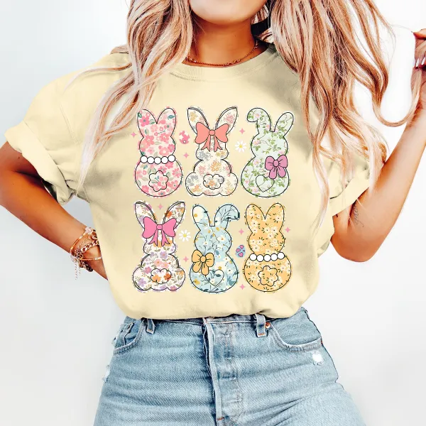 T-shirt Flower Bunny Women Printed Round Neck Short Sleeve