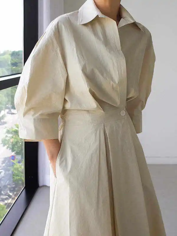 Original Solid Color Lapel Long Sleeves Midi Dress