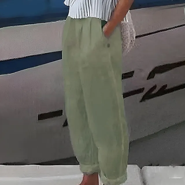 Women's Loungewear Pants Pure Color Linen Casual Wear Plus Size for Spring Summer White Blue S 4XL