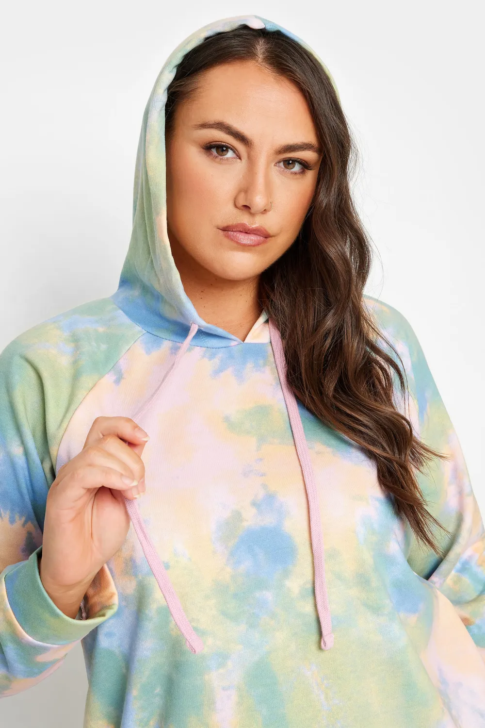 YOURS Curve Pink & Green Tie Dye Hoodie Dress