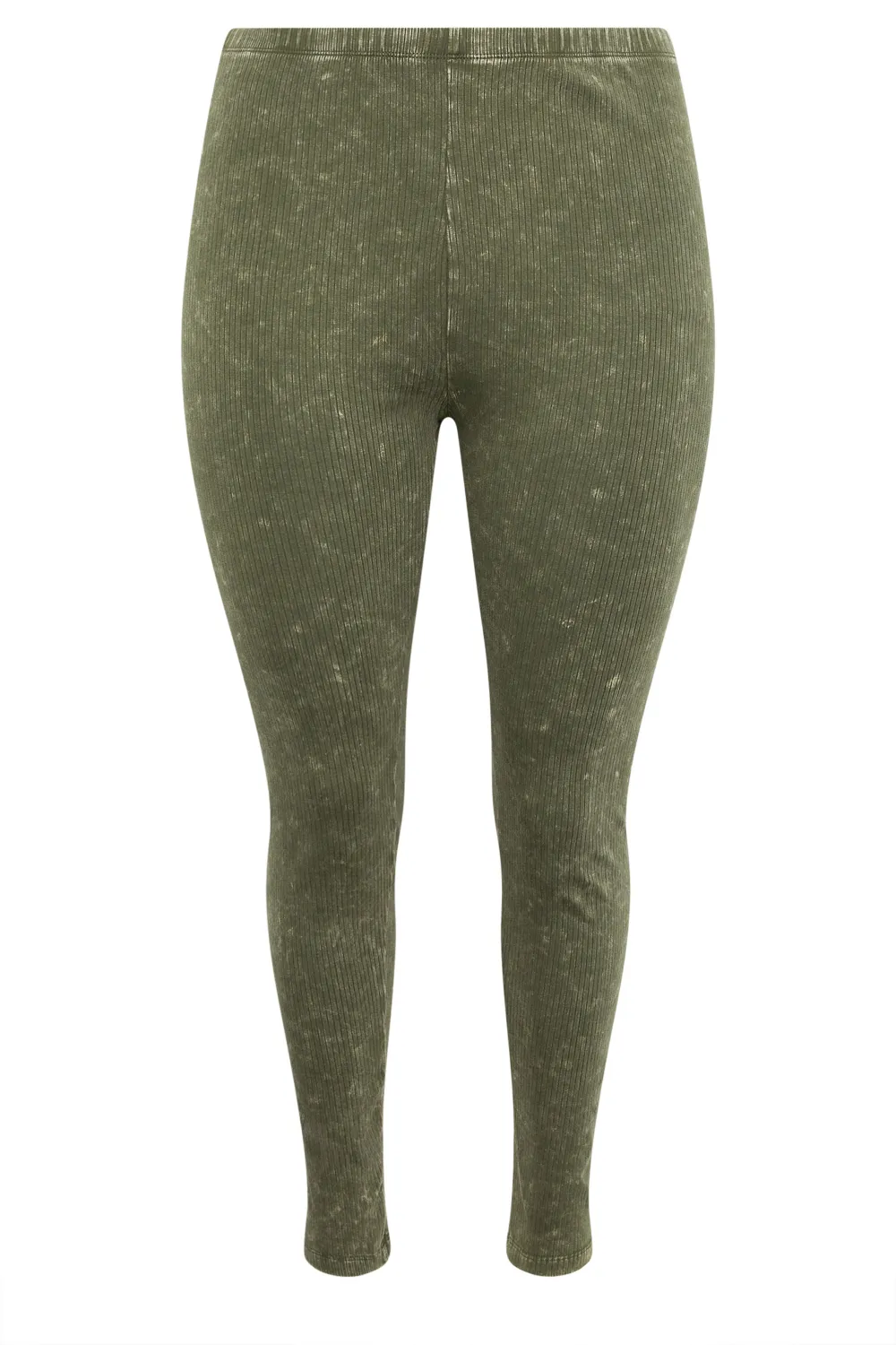 YOURS Curve Khaki Green Acid Wash Ribbed Leggings