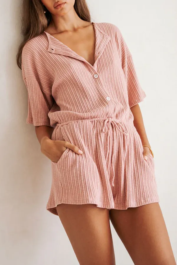Short Sleeve Pin Stripe Drawstring Romper