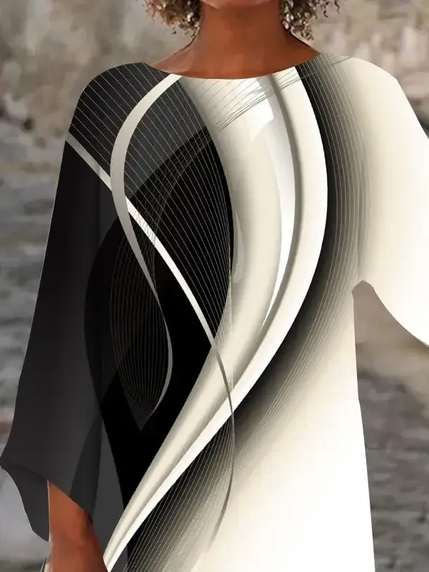 Women Asymmetrical 3/4 Sleeve Scoop Neck Striped Stitching Tops