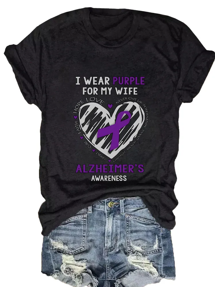 Women'S I Wear Purple For My Wife Round-Neck Short-Sleeved T-Shirt