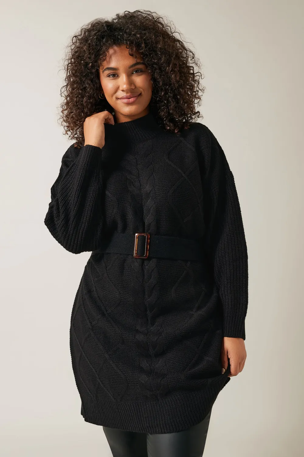 Evans Black High Neck Cable Knit Longline Jumper