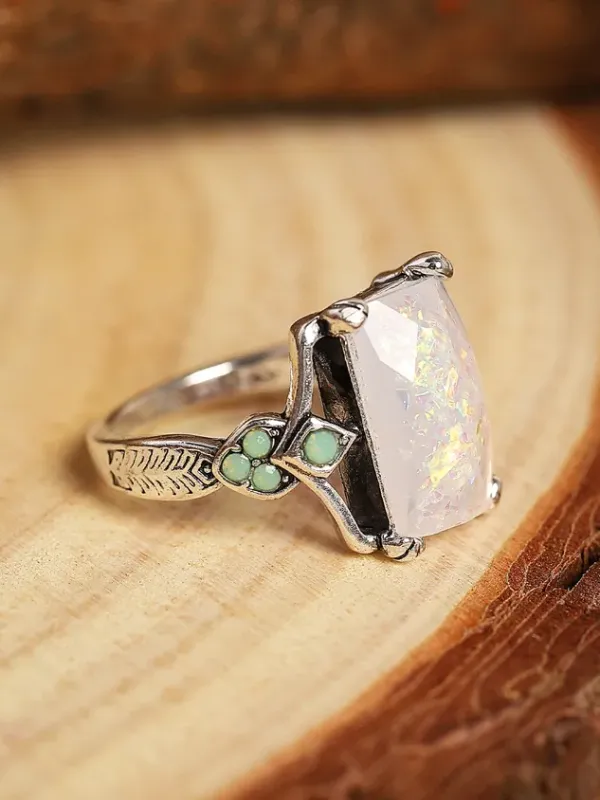 Vintage White Opal Ancient Silver Ring