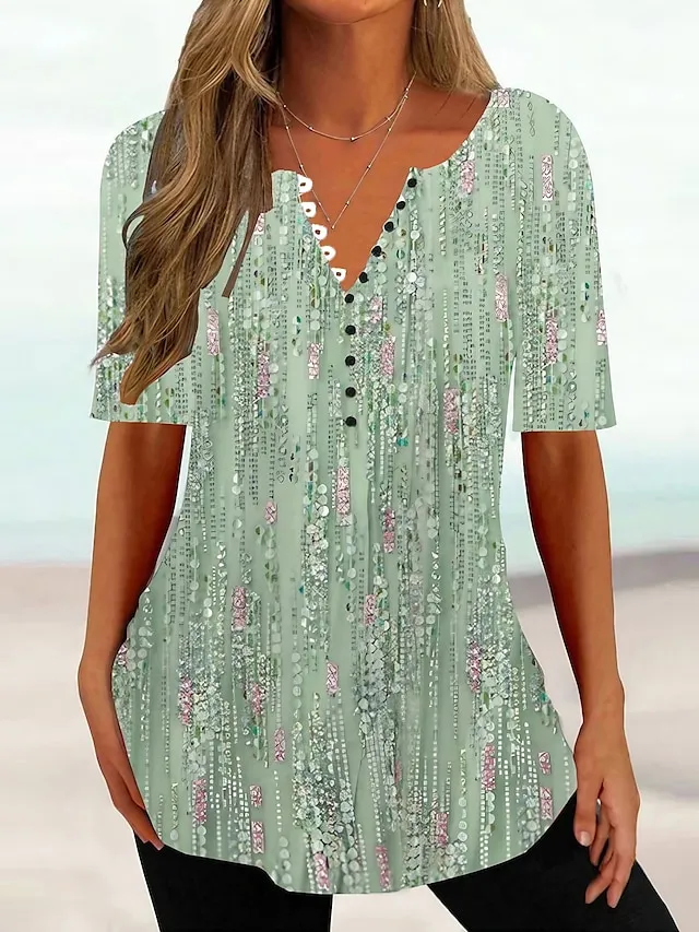 Women's T shirt Tee Henley Shirt Floral Holiday Weekend Grass Green Light Green Red Button Print Short Sleeve Tunic Basic Round Neck Regular Fit