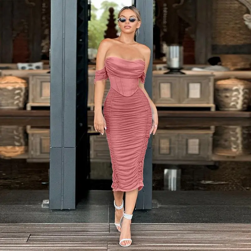 Women's Off The Shoulder Cocktail Midi Dress with Built-in Bra Ruched Bodycon Corset for Fall Homecoming Wedding Guest Formal Party - Sleeveless