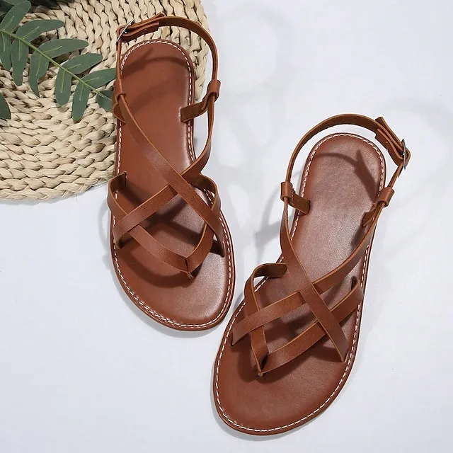 Women's Sandals Boho Bohemia Beach Flat Sandals Plus Size Daily Beach Summer Flat Heel Open Toe Casual Minimalism Faux Leather Solid Color Dark Brown Black Beige