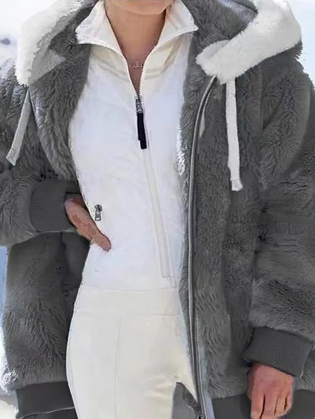 Women's Zip Hoodie Sweatshirt Fleece Jacket Pullover Sherpa Fleece Teddy Zipper Green Blue Purple Plain Round Neck Long Sleeve S M L XL 2XL 3XL / Winter / Fleece lined