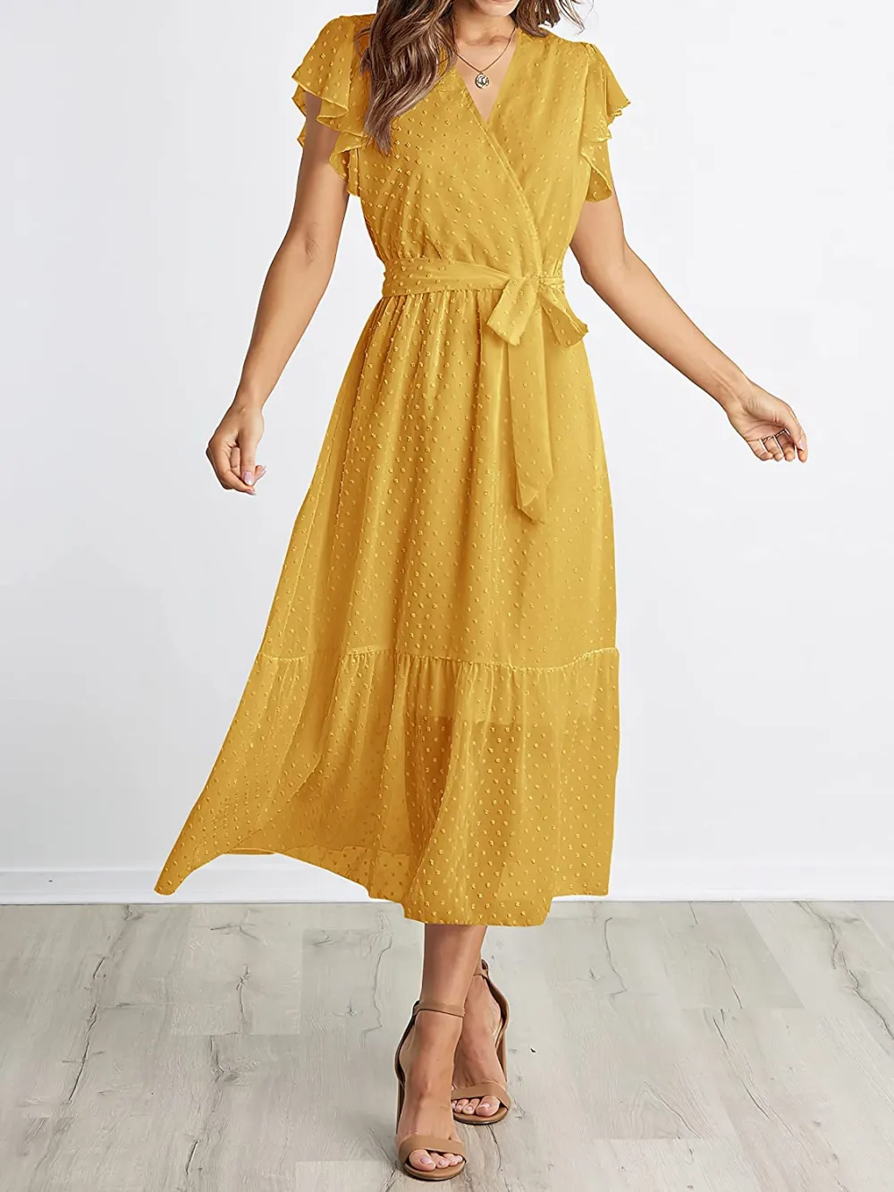 Women Summer Bohemian Floral Casual Wrap V Neck Ruffle Cap Sleeveless Belt A-Line Pleated Hem Swing Midi Sun Dress