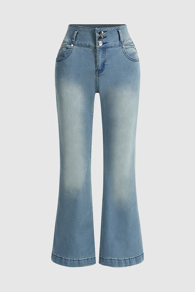 Button Up Raw Hem Mid Rise Flare Jeans