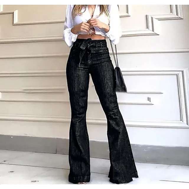 Women‘s Flare Jeans Bootcut Full Length Denim Faux Denim Micro-elastic Mid Waist Fashion Work Casual Black Blue S M