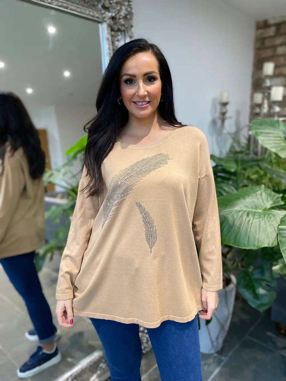 Camel Diamante Feather Knit Rosie