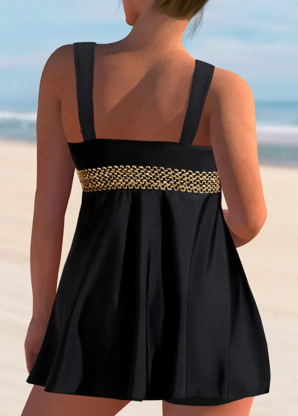Patchwork Black Wide Strap Swimdress Top