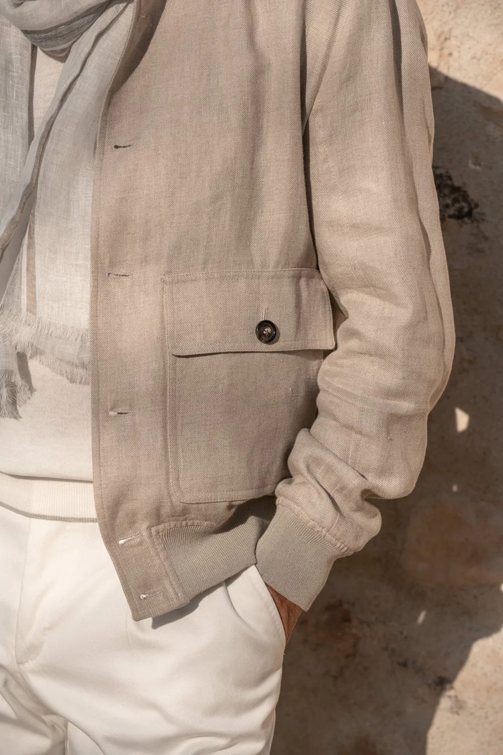 Beige Linen Bomber Jacket