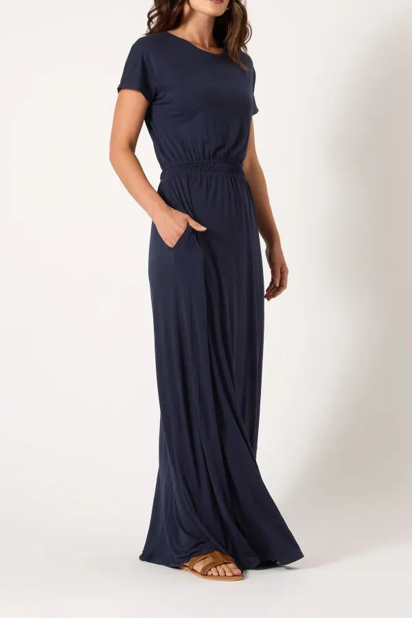 Navy Blue Shirred Waist Daily Maxi Dress